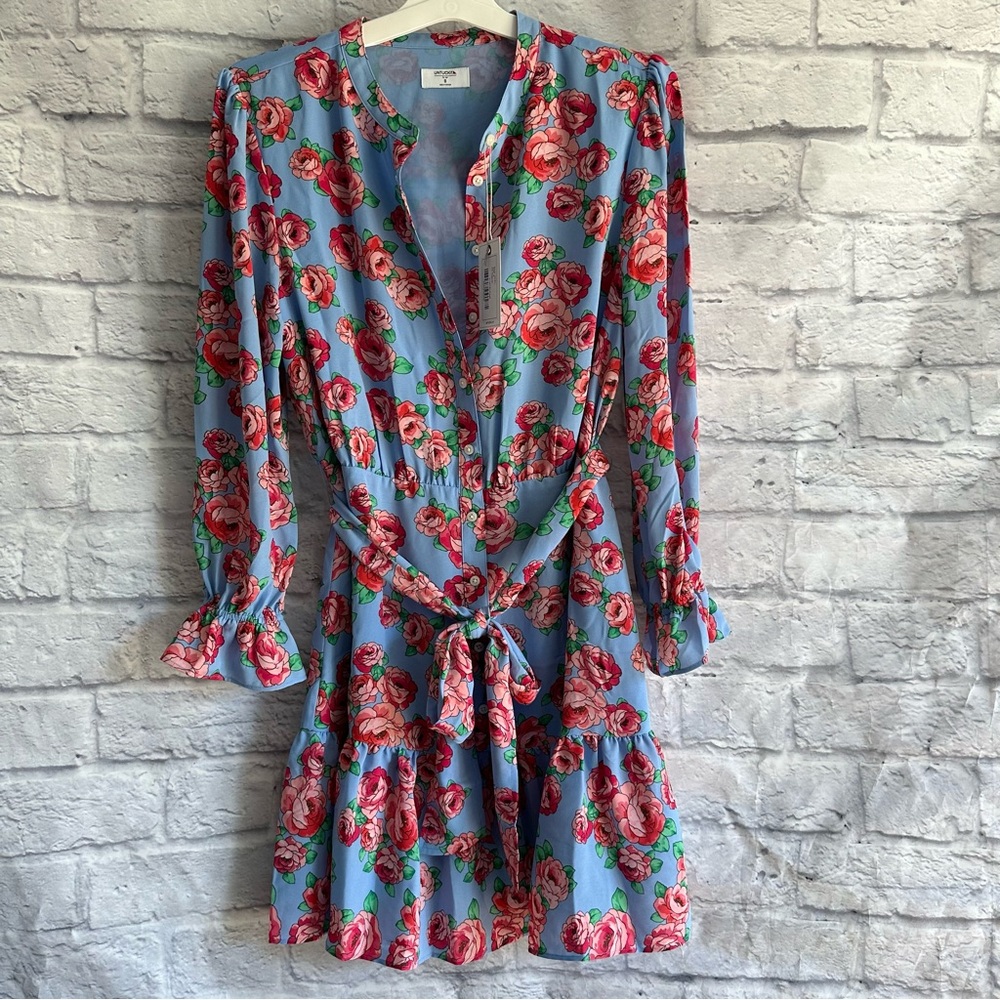 UNTUCKit Blue Floral Tie-Waist Dress with Red Roses